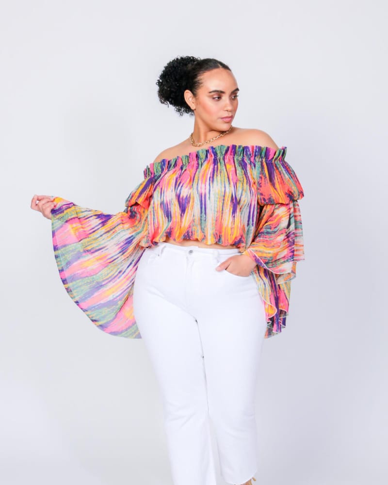 Front of a model wearing a size L Brittney Off The Shoulder Top in Bright Stripe by LuvMeMore. | dia_product_style_image_id:266626